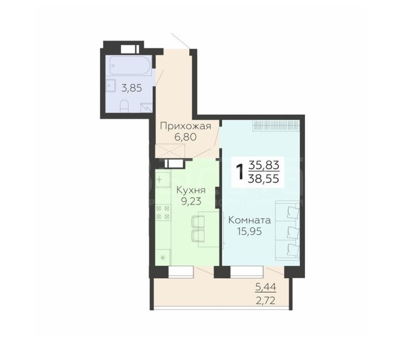 1-комнатная квартира, 38.55 м2