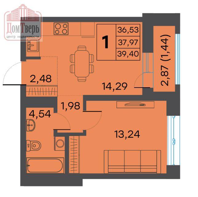 1-комнатная квартира, 37.97 м2