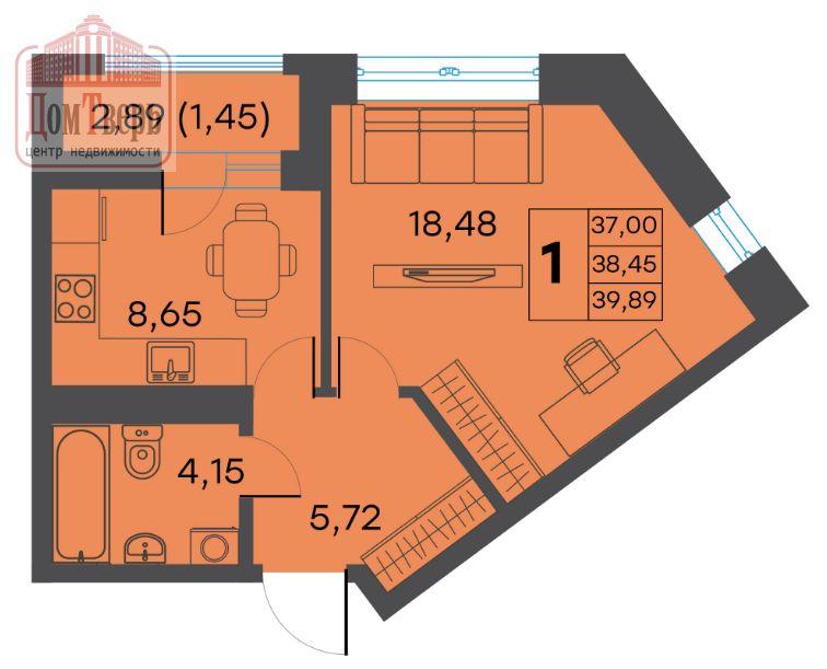 1-комнатная квартира, 38.45 м2