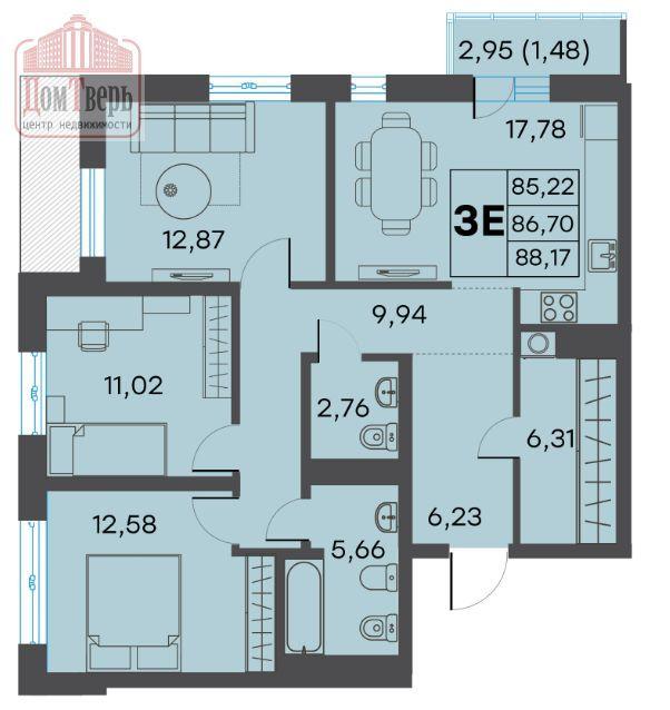 3-комнатная квартира, 86.7 м2