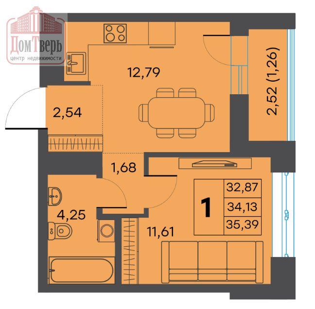 1-комнатная квартира, 34.13 м2