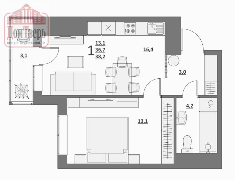 1-комнатная квартира, 36.7 м2