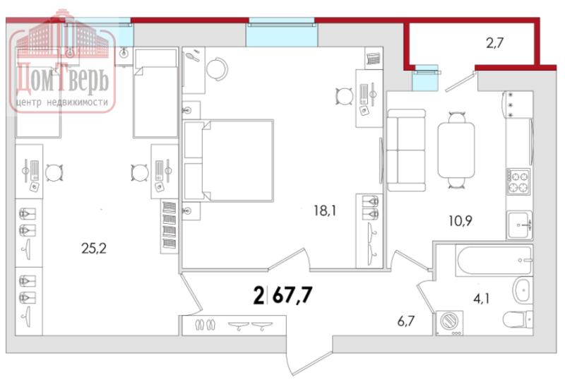 2-комнатная квартира, 67.7 м2