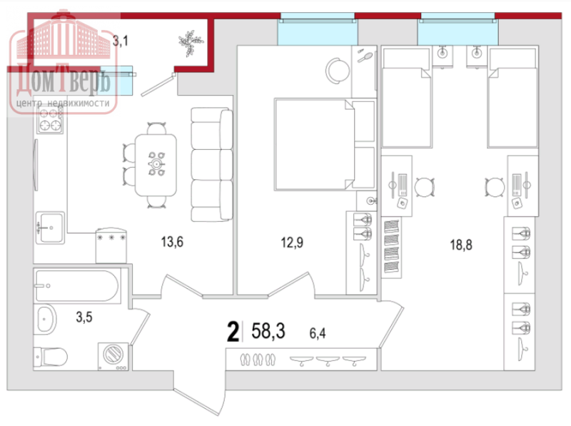 2-комнатная квартира, 58.3 м2