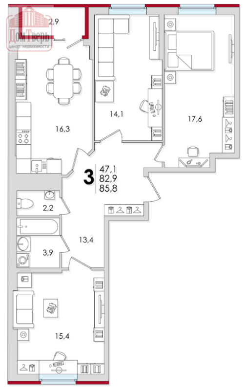 3-комнатная квартира, 85.8 м2