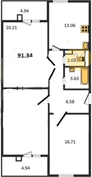 3-комнатная квартира, 91 м2