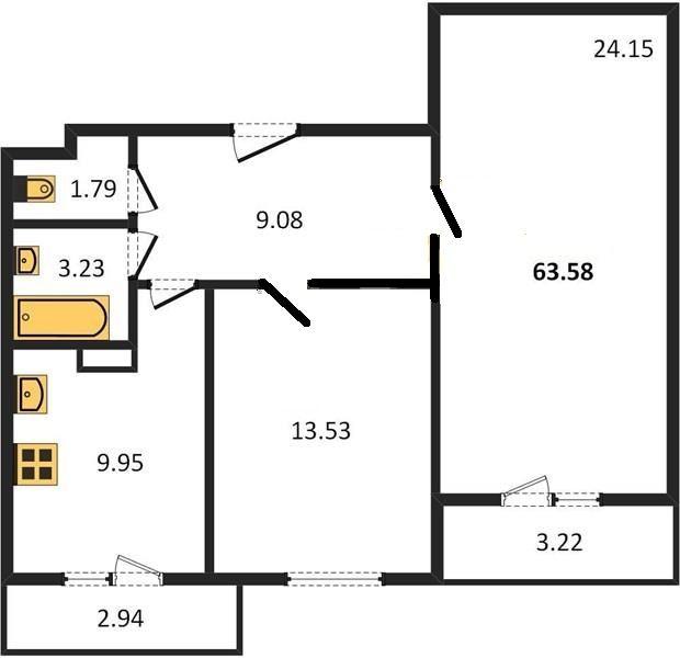 1-комнатная квартира, 63 м2