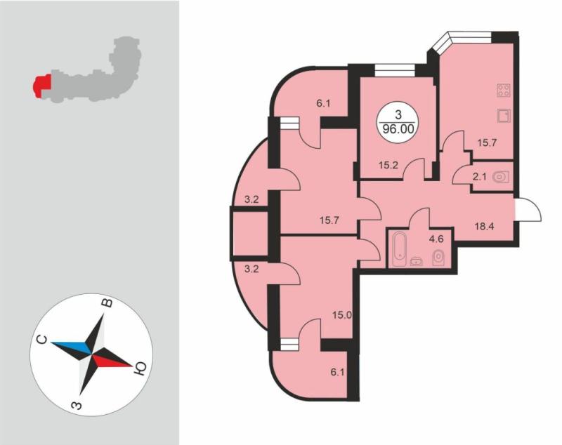 3-комнатная квартира, 96 м2