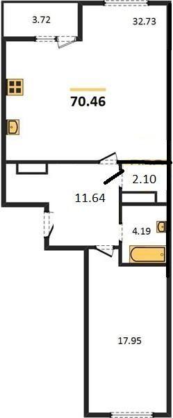 1-комнатная квартира, 70.46 м2