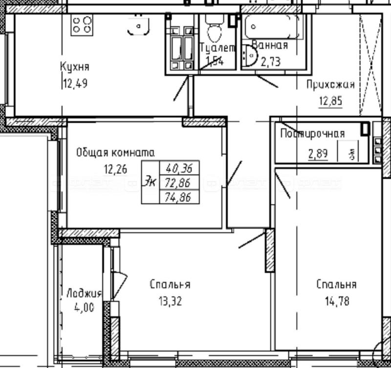 3-комнатная квартира, 75.67 м2