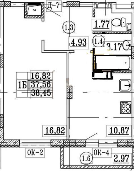 1-комнатная квартира, 38.45 м2