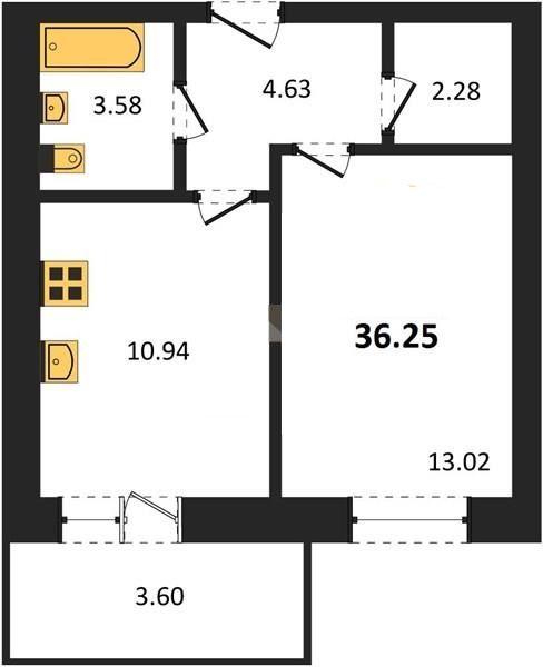 1-комнатная квартира, 36 м2