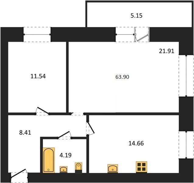 2-комнатная квартира, 63 м2