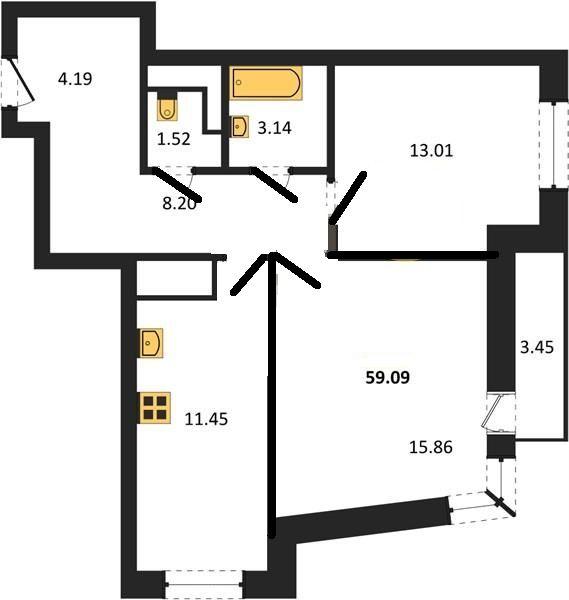 2-комнатная квартира, 59.1 м2