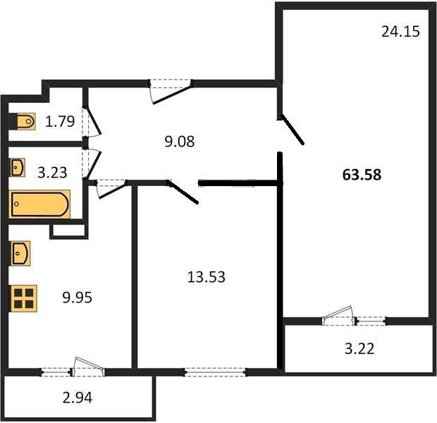 1-комнатная квартира, 63 м2