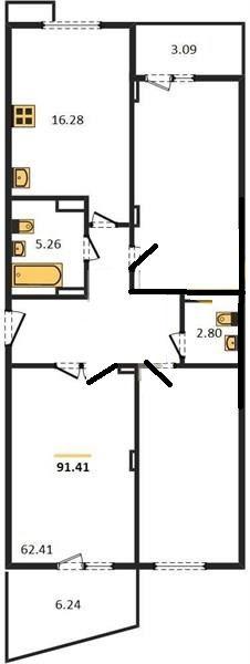 3-комнатная квартира, 91 м2