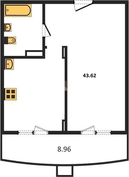 1-комнатная квартира, 43.6 м2