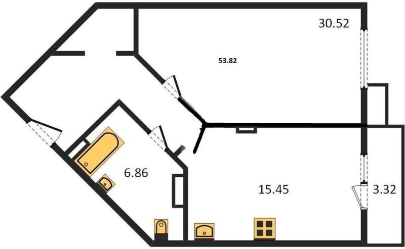 1-комнатная квартира, 53 м2