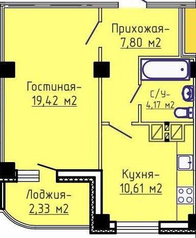 1-комнатная квартира, 44.33 м2