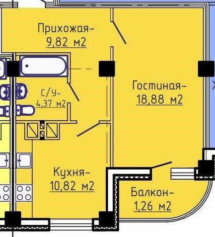 1-комнатная квартира, 45.15 м2