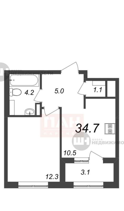 1-комнатная квартира, 34.7 м2