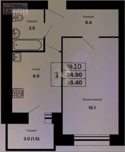1-комнатная квартира, 36.4 м2
