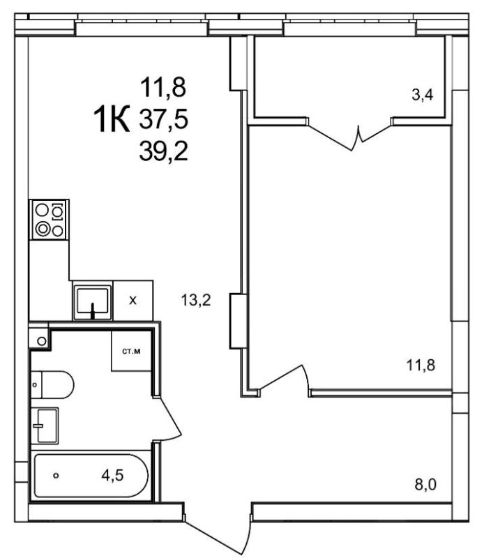 1-комнатная квартира, 39.2 м2