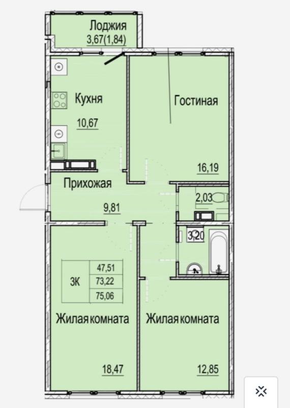 3-комнатная квартира, 75 м2