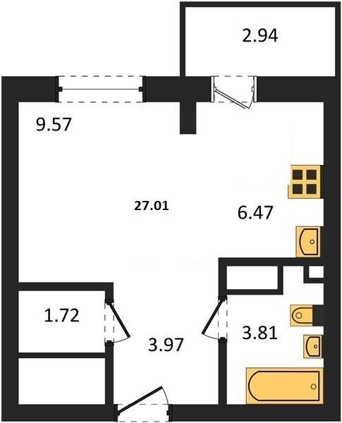 1-комнатная квартира, 27 м2