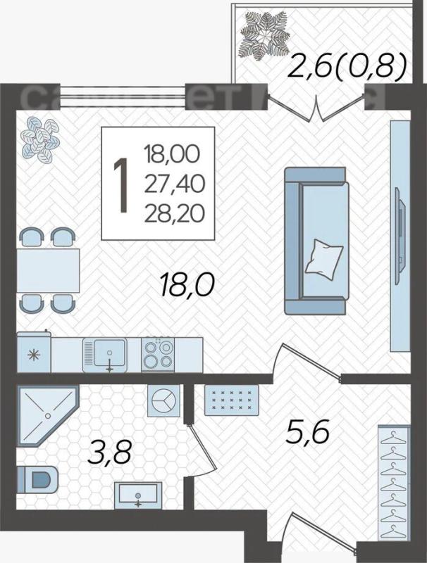 1-комнатная квартира, 31.5 м2