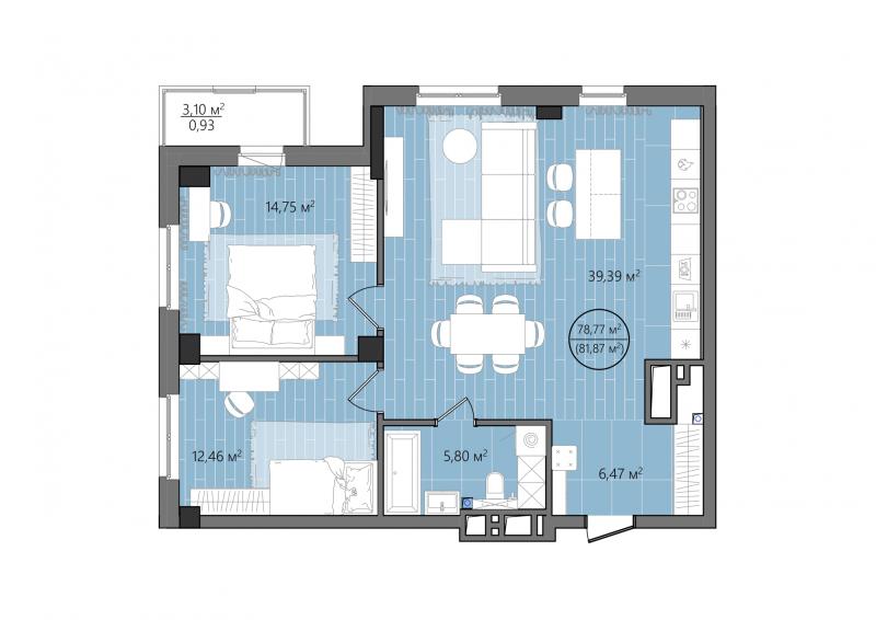 3-комнатная квартира, 81.87 м2