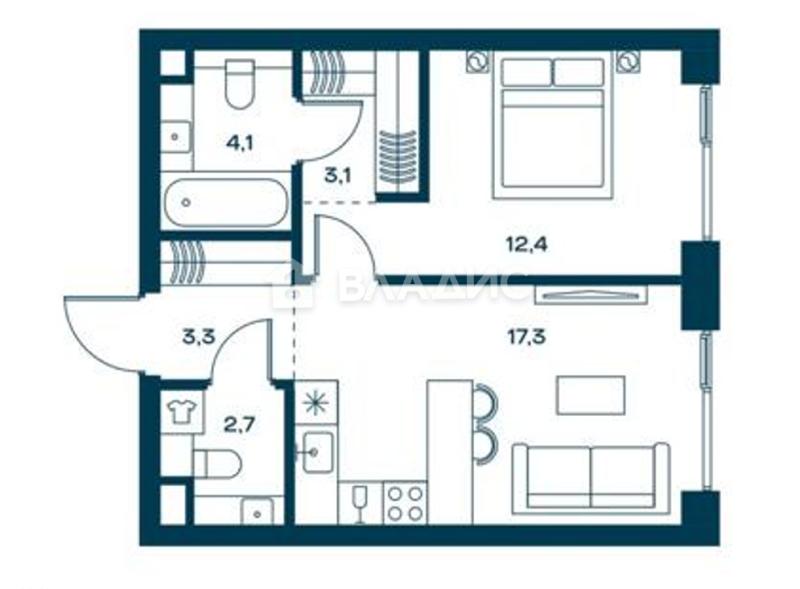 1-комнатная квартира, 42.9 м2