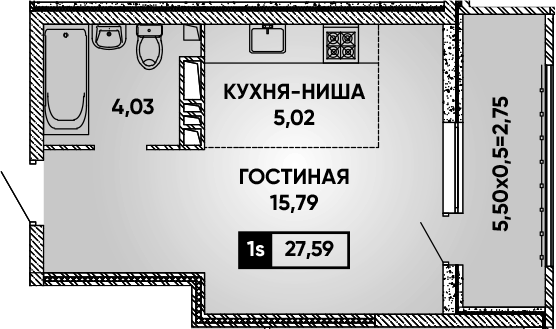 1-комнатная квартира, 27.6 м2