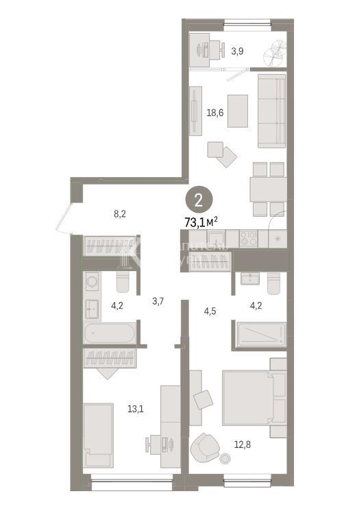 2-комнатная квартира, 73.1 м2