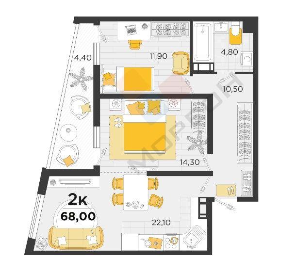 2-комнатная квартира, 68 м2