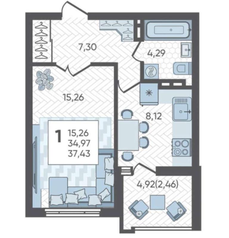 1-комнатная квартира, 37.43 м2