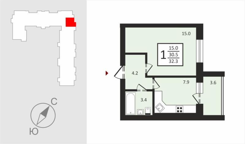 1-комнатная квартира, 32.3 м2