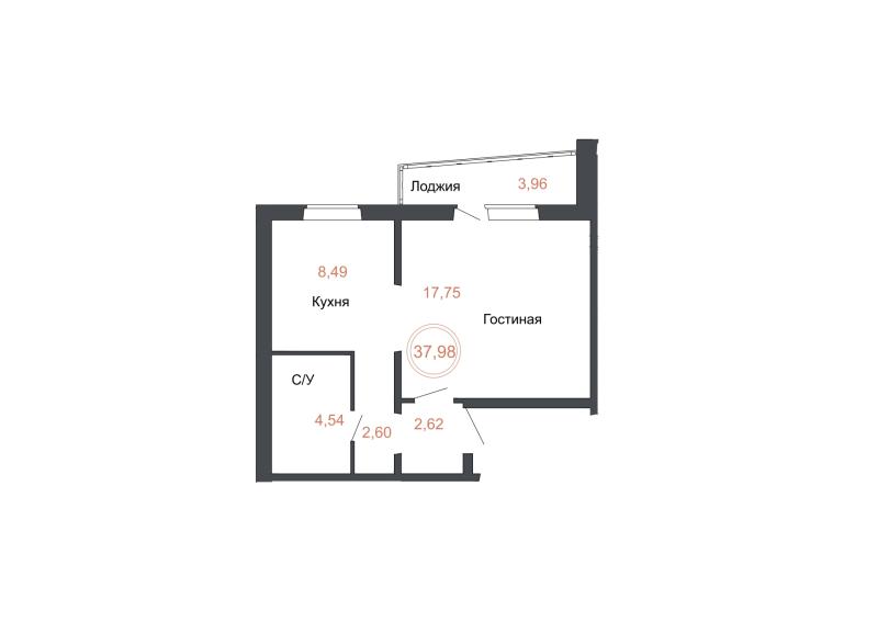 1-комнатная квартира, 37.98 м2