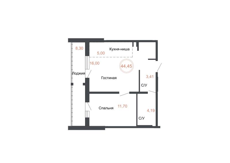 2-комнатная квартира, 44.45 м2