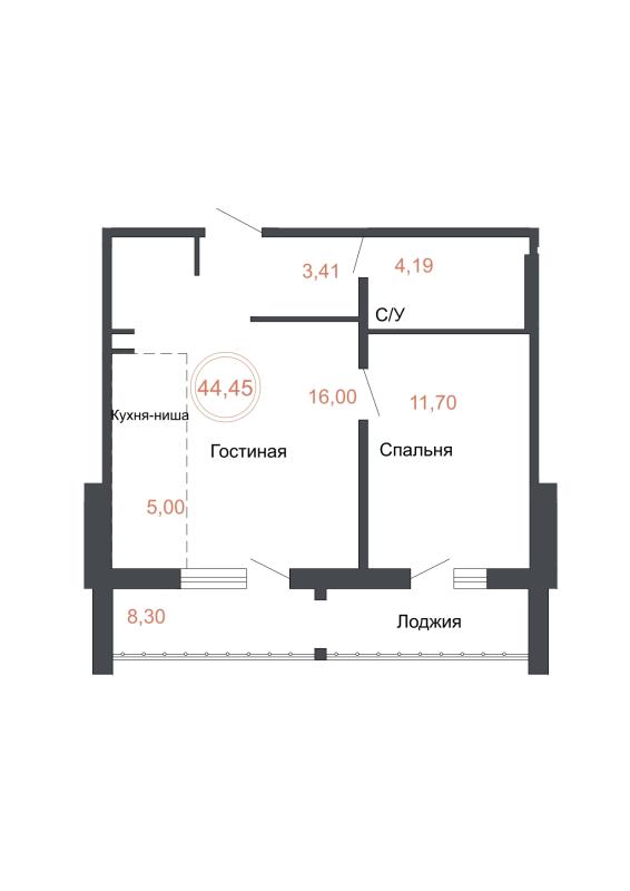 2-комнатная квартира, 44.45 м2