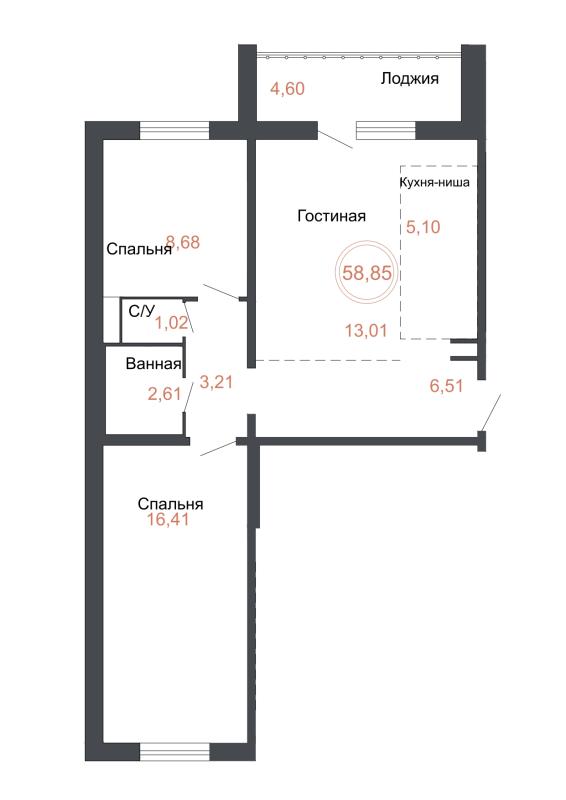 3-комнатная квартира, 58.85 м2