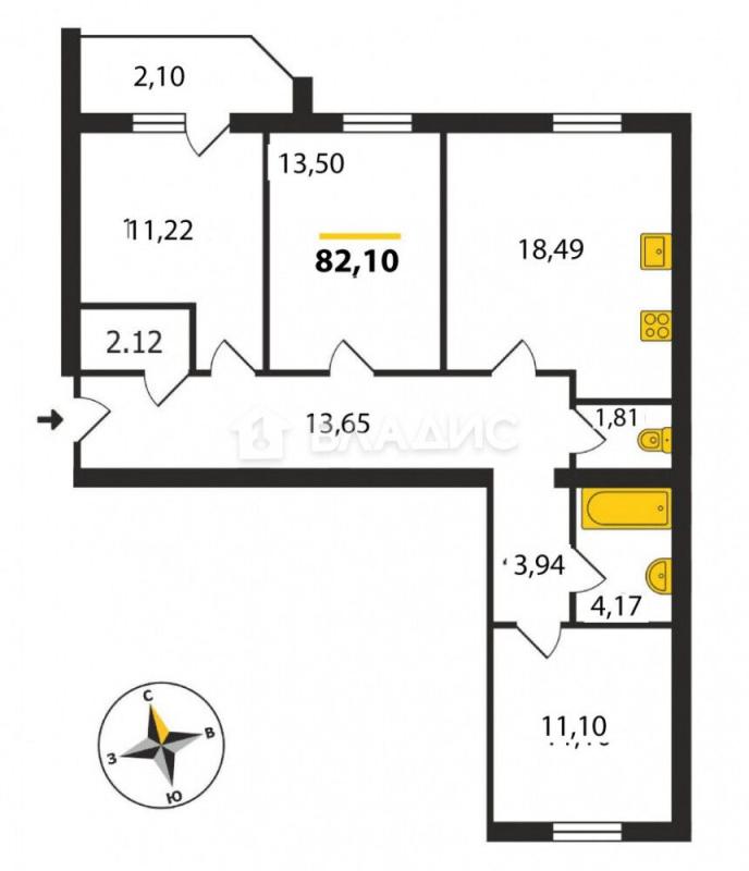 3-комнатная квартира, 82.1 м2