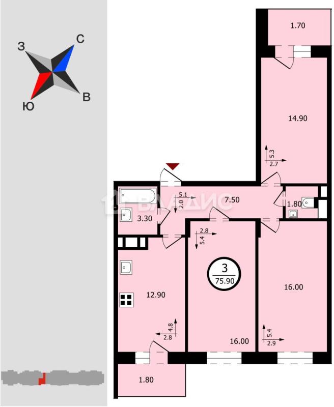 3-комнатная квартира, 75.9 м2