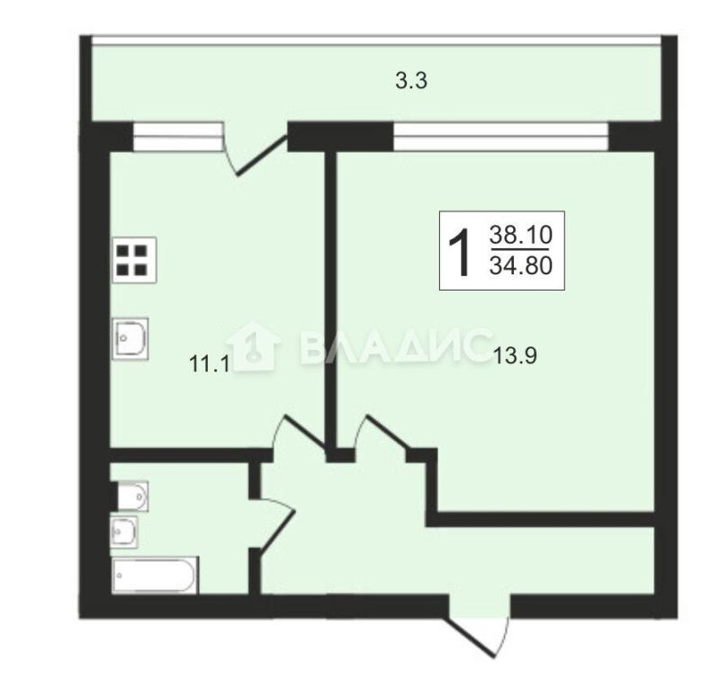 1-комнатная квартира, 38.1 м2