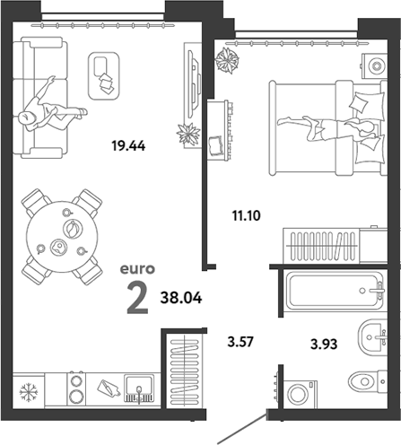 2-комнатная квартира, 38.9 м2