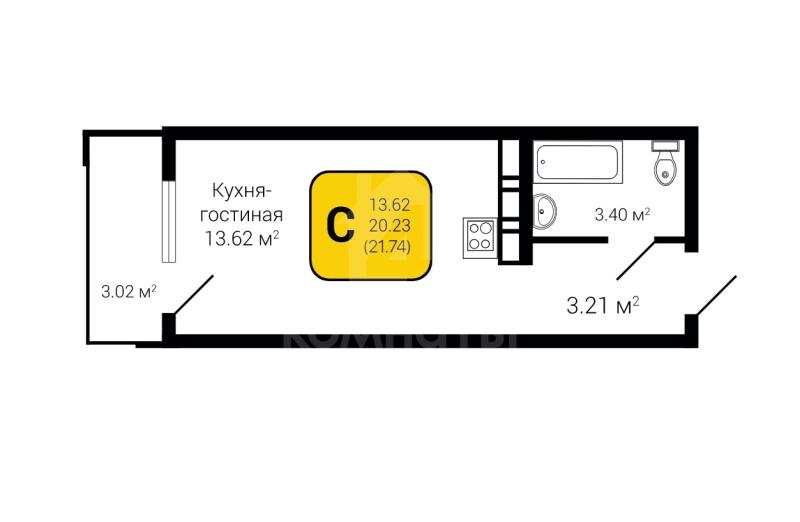 1-комнатная квартира, 21.74 м2