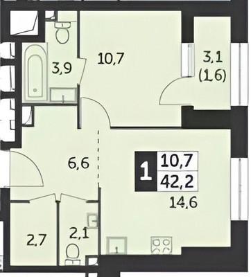 1-комнатная квартира, 42.2 м2