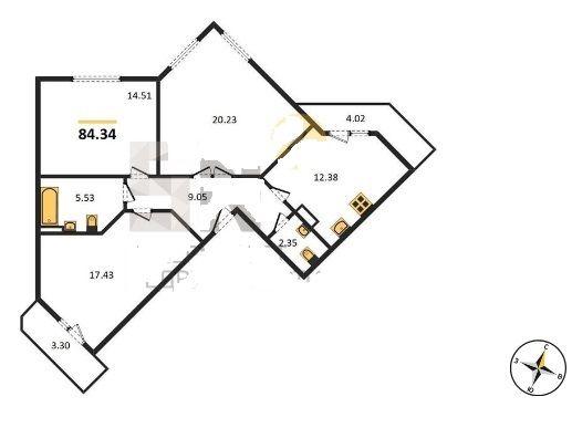 3-комнатная квартира, 84.4 м2