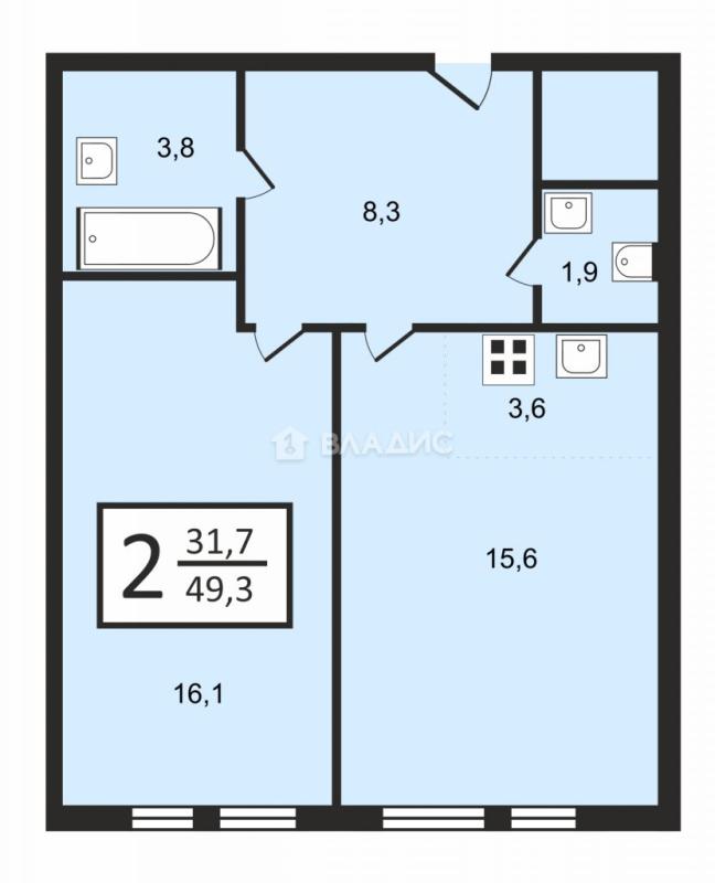 2-комнатная квартира, 49.3 м2