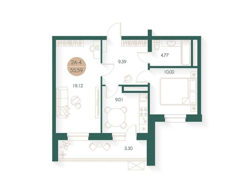 2-комнатная квартира, 55 м2